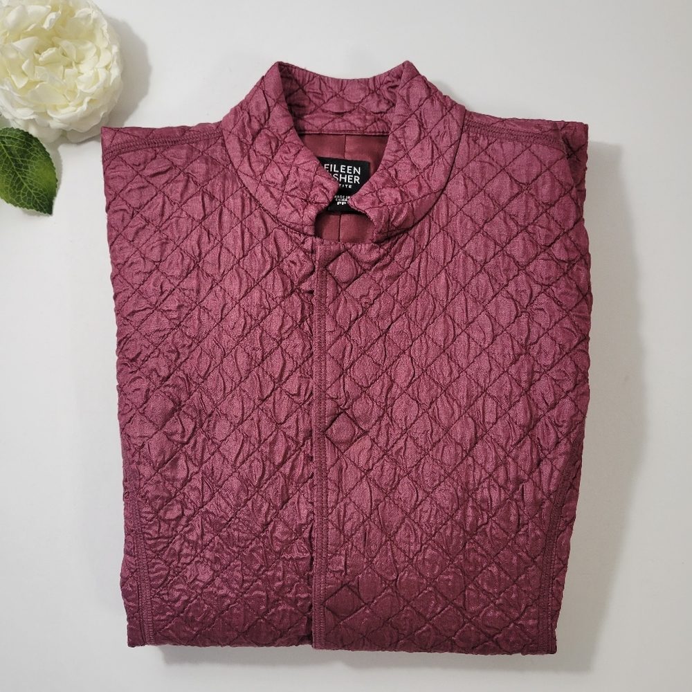 Eileen Fisher 100% tussah silk magnetic snap button jacket, burgundy size PP - Picture 14 of 14